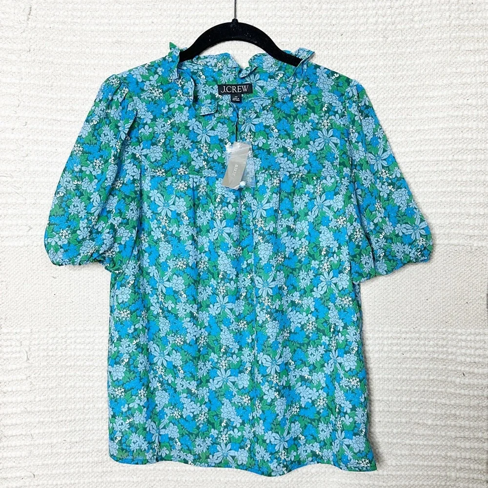 J. CREW blue / green floral Hyacinth Fields ruffle-trim short sleeve top XS NEW